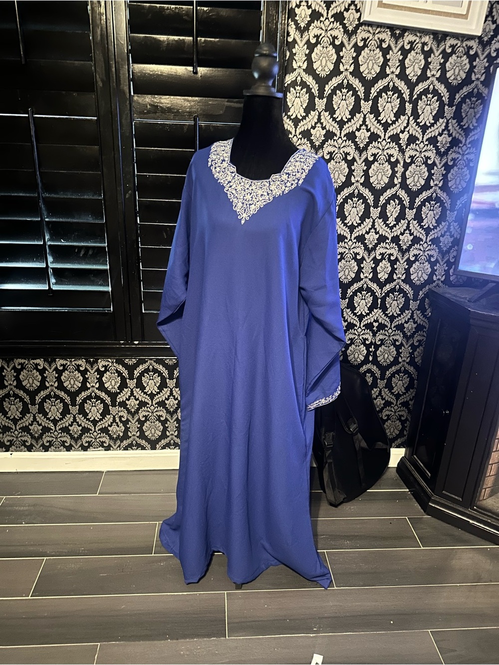 Elegant Blue Modest Dress with Lace Detail